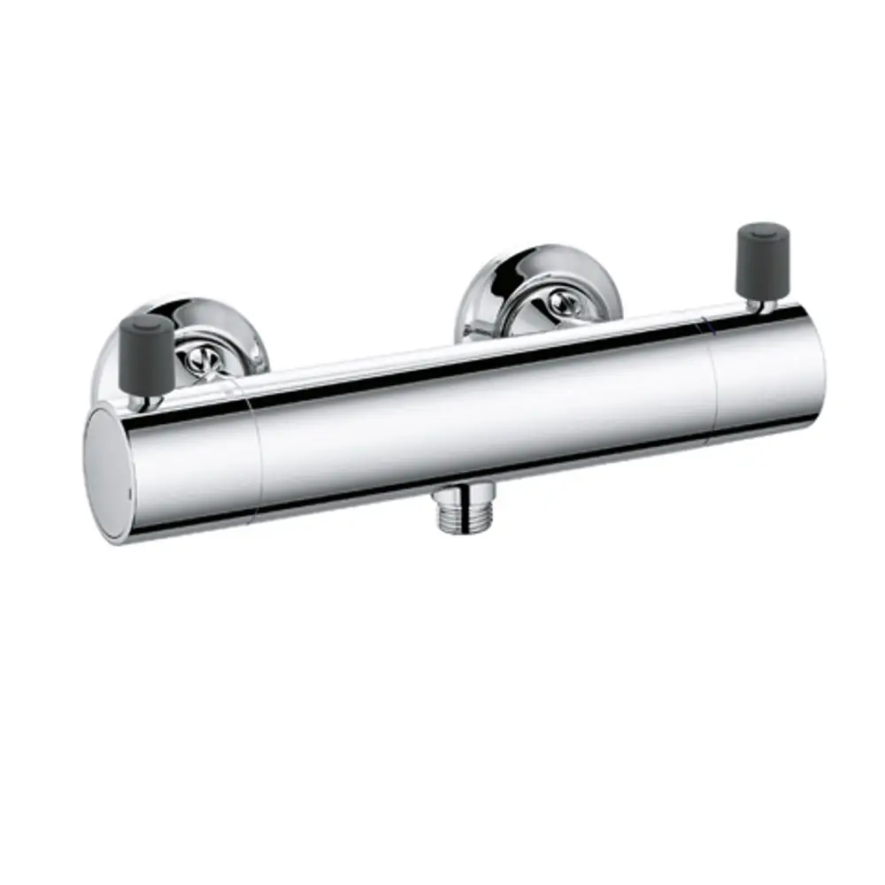 Kromfarbener Brause-Thermostat von Kludi mit zwei Reglertasten, zum Einstellen der Wassertemperatur. Einsatz in Duschen zur Regulierung von warmem Wasser.